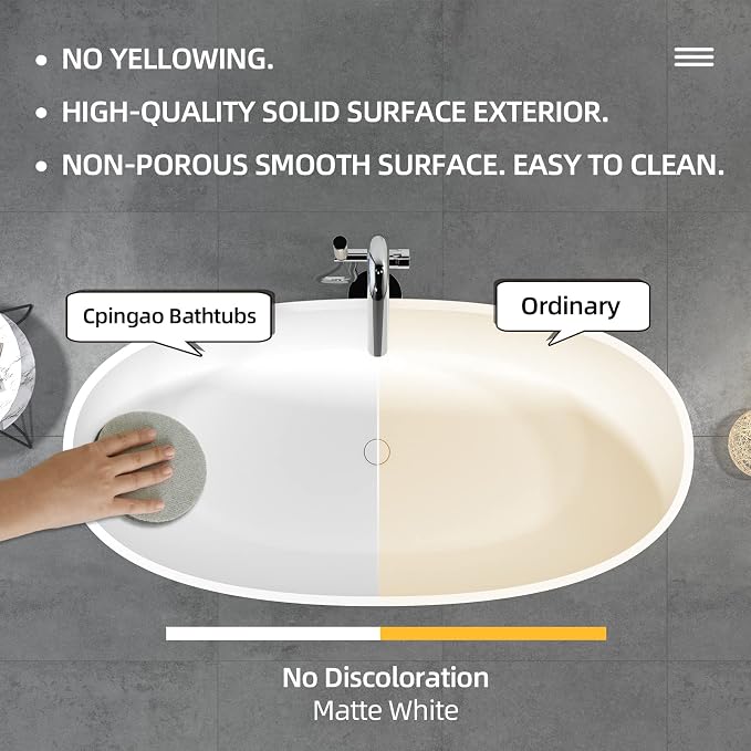 Cpingao 55" Freestanding Bathtub, Oval Shaped Stone Resin Freestanding Tubs - Image 3