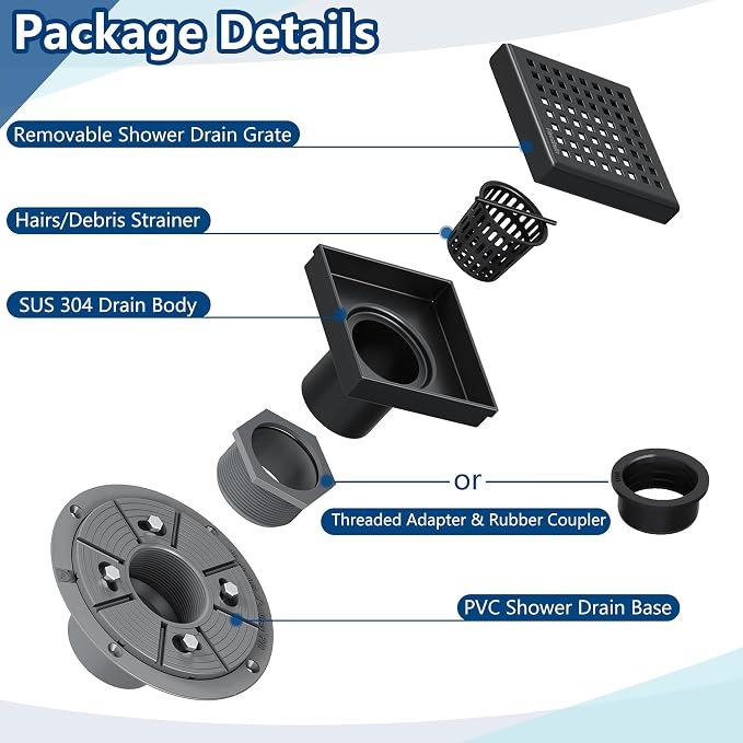 Neodrain 4 Inch Black Square Drain, 304 Stainless Steel Shower Drain Kits - Image 2