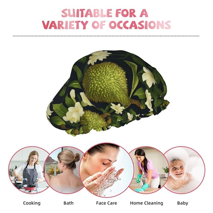 Durian and Floral Shower Cap for Women Reusable Waterproof Stylish Bath Hat - Image 9