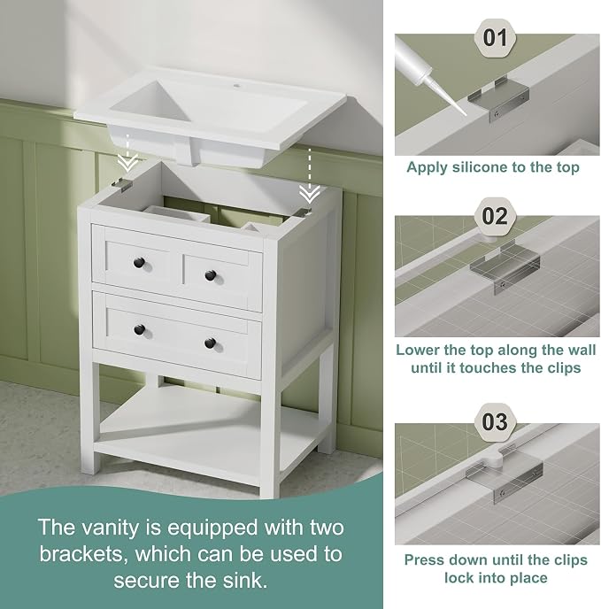 24 Inch Bathroom Vanity with Sink, Farmhouse Storage Cabinet with Drawers & - Image 8