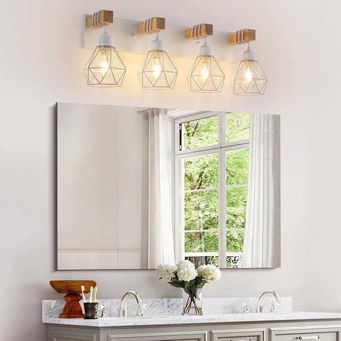 Farmhouse Vanity Light for Bathroom, 4-Light White Wood Bathroom Vanity Light - Image 2