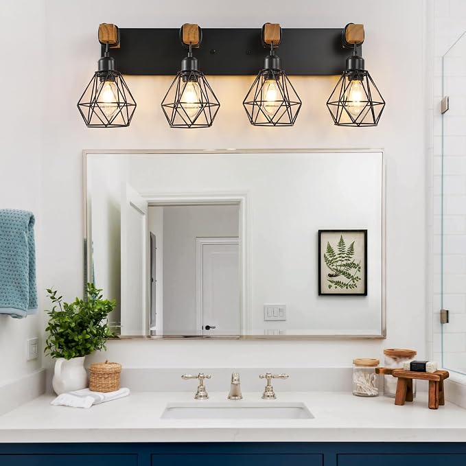 4 Light Farmhouse Vanity Light for Bathroom, Wood Bathroom Vanity Light - Image 2