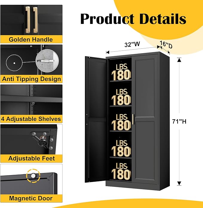 Kitchen Pantry Cabinet, 71”Black Metal Pantry Storage Cabinet - Image 3