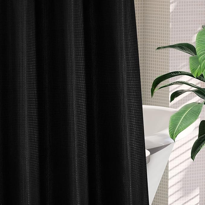 MitoVilla Black Waffle Long Shower Curtain Liner Set 72 x 80, No Hooks Needed - Image 5