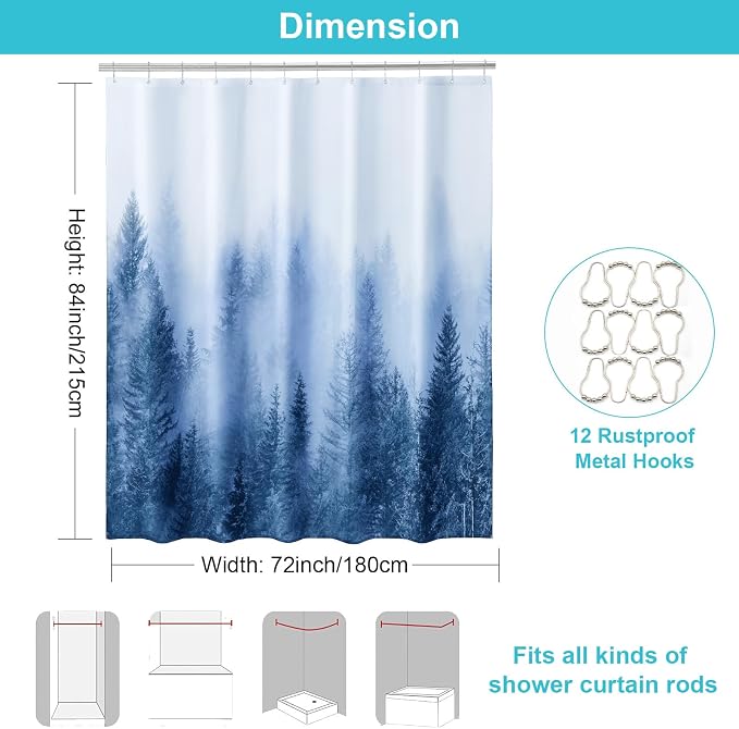 ORTIGIA 84 Inch Long Blue Misty Forest Shower Curtain - Image 2