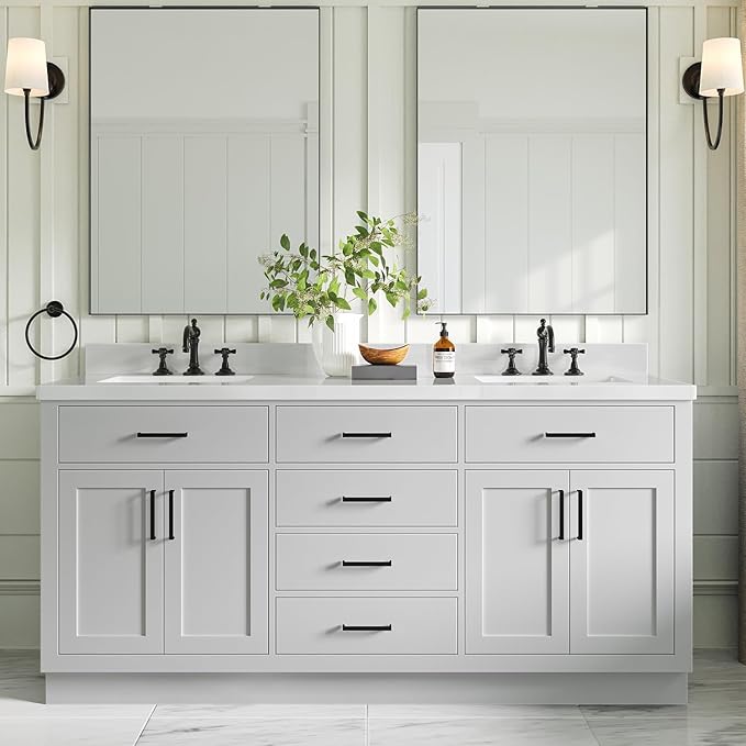 ARIEL Double Bathroom Vanity 73" Grey, 1.5" Edge Pure White Quartz Countertop & by Ariel