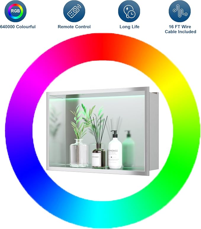 18X12 RGB Shower Niche, Brushed Nickel Stainless Steel LED Wall Niche, No Tile - Image 5