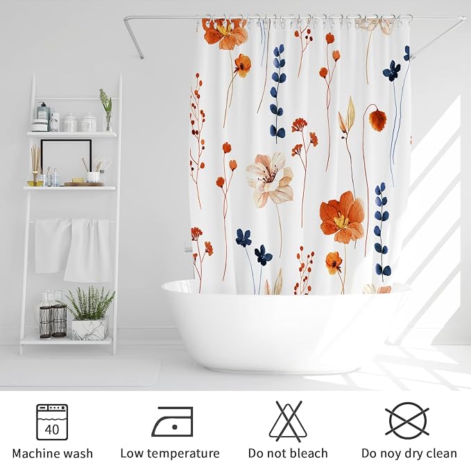 Gibelle Watercolor Floral Shower Curtain, Retro Orange Navy Flower Shower - Image 6