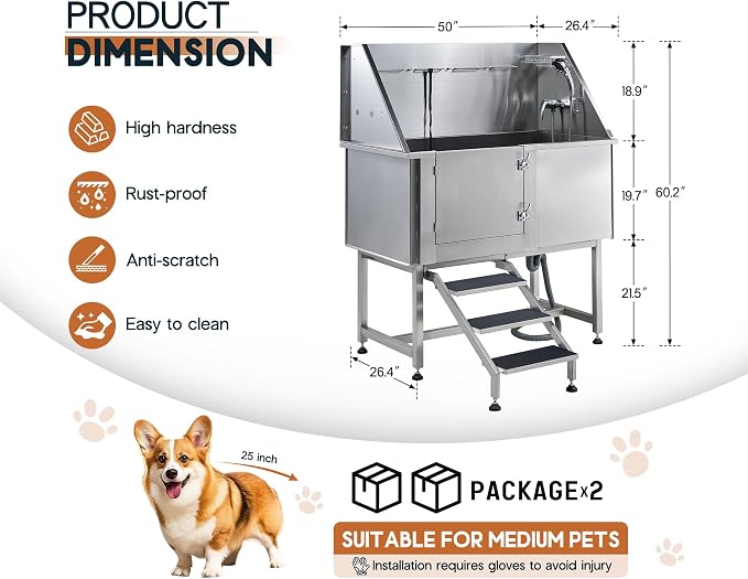 Albott 50-Inch Stainless Steel Dog Washing Station - Image 7