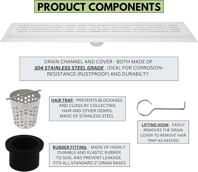 SereneDrains 304 Stainless Steel 40 Inch Matte White Shower Drain Kit Broken - Image 3