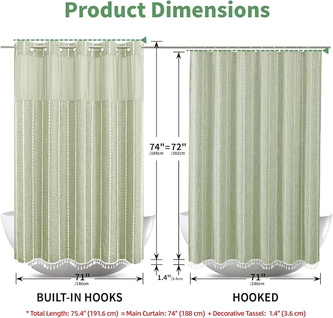 Sage Green Farmhouse No Hook Shower Curtain Set - Image 7