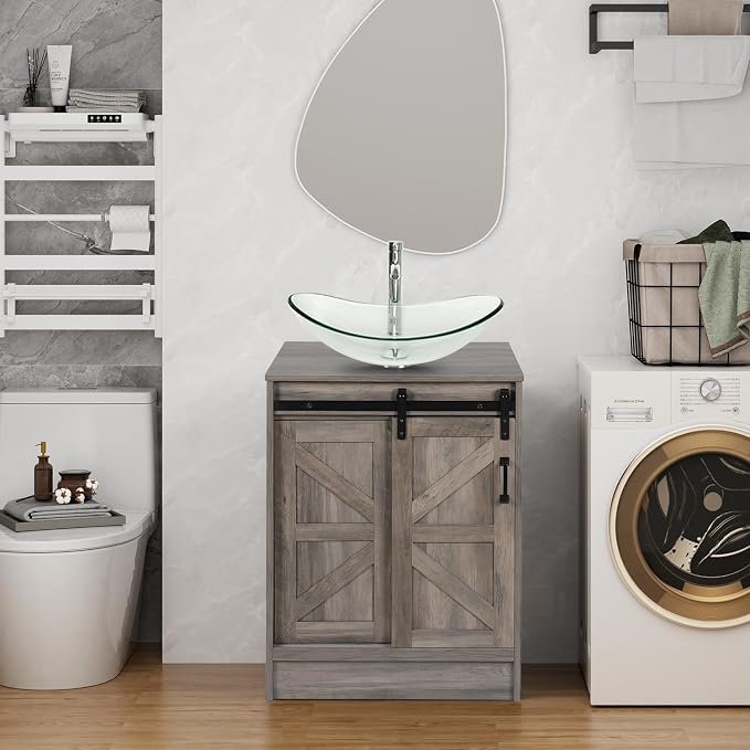 24-inch Barn Door Bathroom Vanity, Farmhouse Style Standing Pedestal Cabinet by Solidee