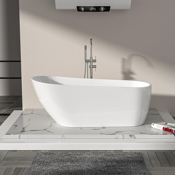 Logmey 67 Inch White Acrylic Freestanding Bathtub Oval Shape Soaking Tub - Image 7