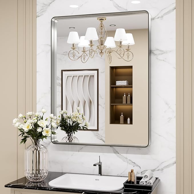 LOAAO 24X36 Inch Brushed Nickel Bathroom Mirror, Rounded Rectangle Silver Metal by LOAAO