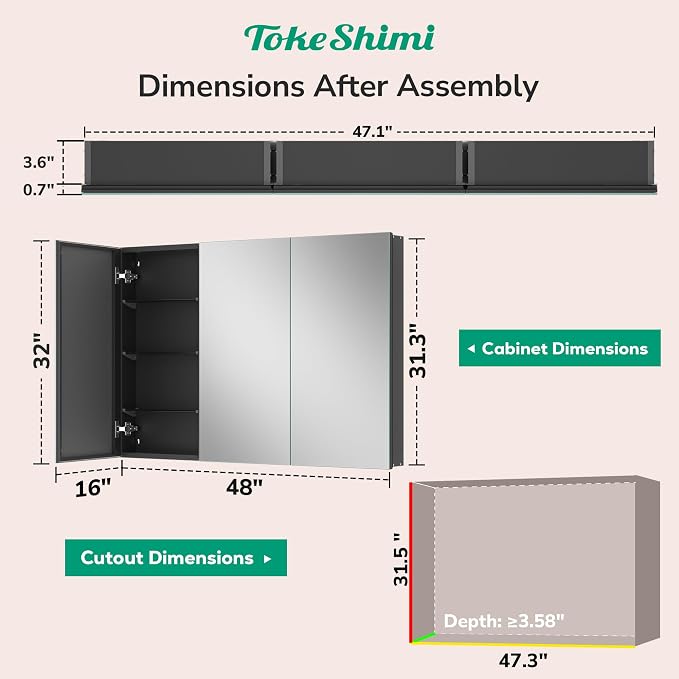 TokeShimi 48 x 32 Mirror Medicine Cabinet Wall Mounted or Recessed, Aluminum - Image 2