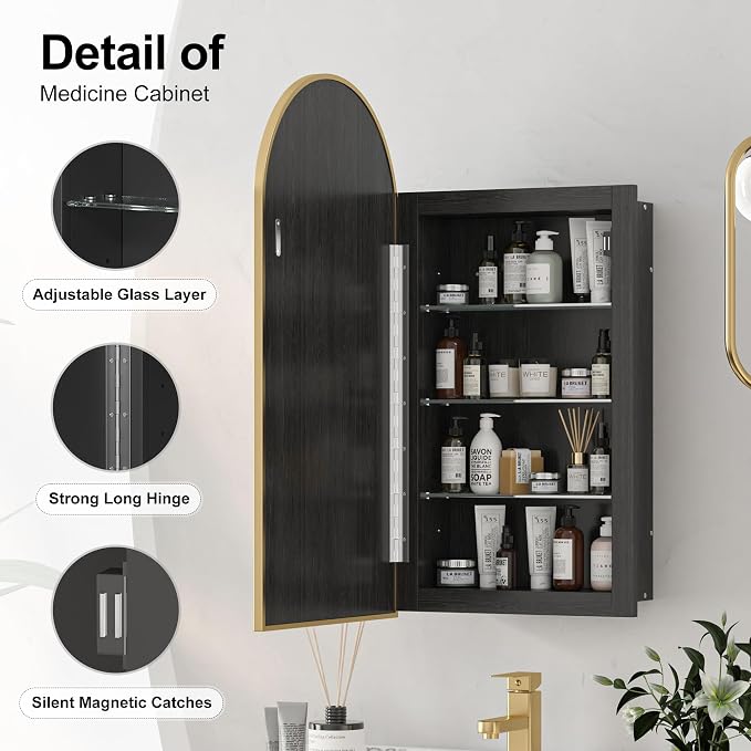 Recessed Medicine Cabinet, Brushed Brass Gold Arched Medicine Cabinet - Image 6