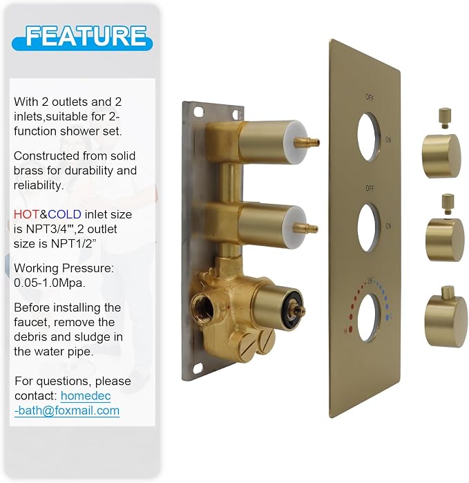 HOMEDEC 2 Way Shower Diverter Valve, Brass Dual Functions Thermostatic Shower - Image 7