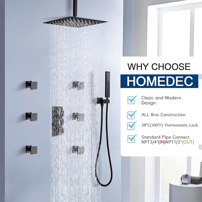 HOMEDEC Brass 3 Way Shower Diverter Valve, Thermostatic 3 Handle Control Shower - Image 2