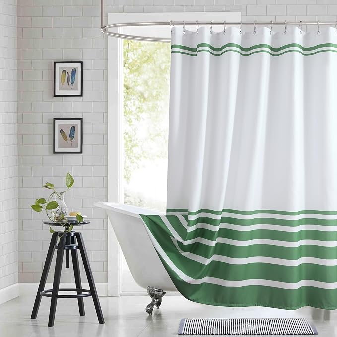 Extra Long Green and White Striped Shower Curtain 72x84 Inches, Waterproof by BESTRIPES