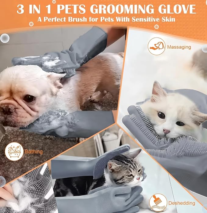 Pet Grooming Gloves with Dog Finger Toothbrush – Silicone Deshedding Mitts - Image 3