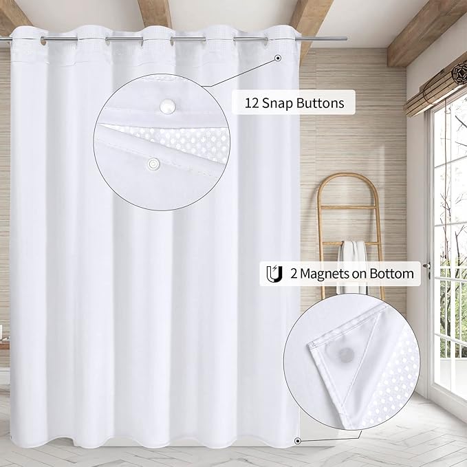 MitoVilla White Waffle Long Shower Curtain Liner Set 72 x 80, No Hooks Needed - Image 2