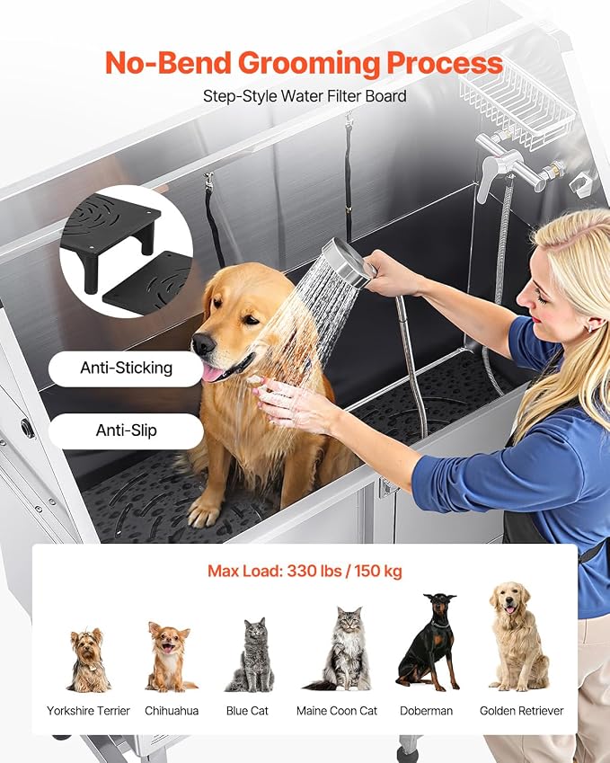 VEVOR Stainless Steel Dog Washing Station, 50 inch Pet Grooming Tub w/Ramp - Image 4