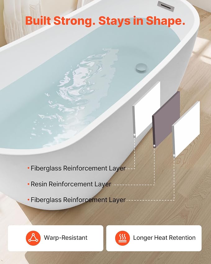 VEVOR Acrylic Freestanding Bathtub, 67 Inch Contemporary Soaking White Tub - Image 5