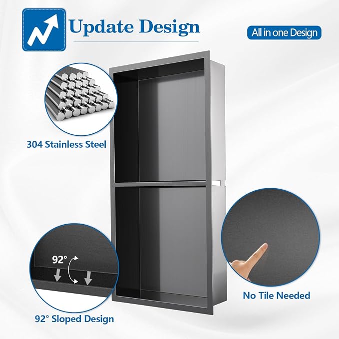 12" x 24" Shower Niche No Tile Needed, 304 Stainless Steel Shower Wall Niche - Image 4