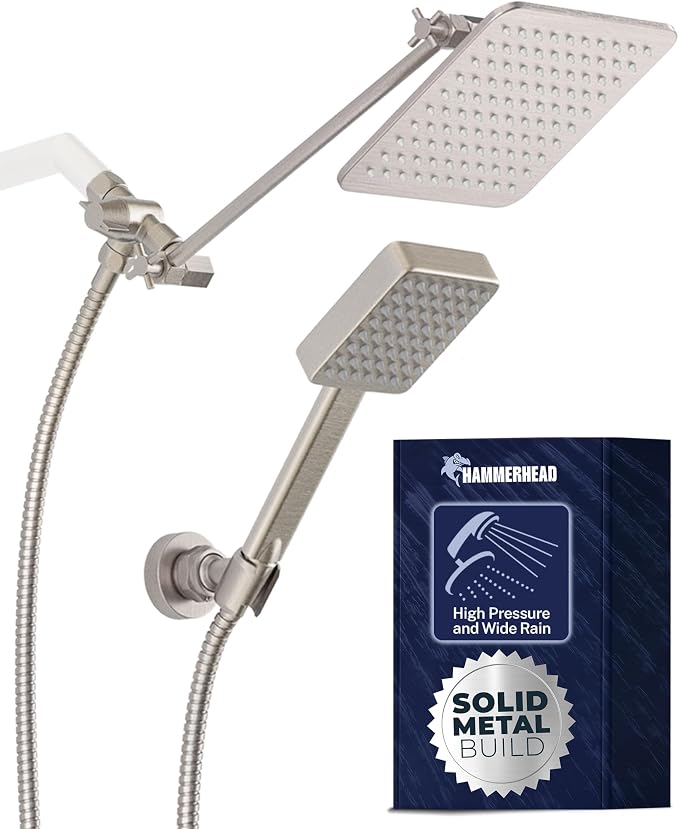 HammerHead® Solid Metal Dual Shower Head Combo — 8" Square Rain Shower Head by HammerHeadShowers