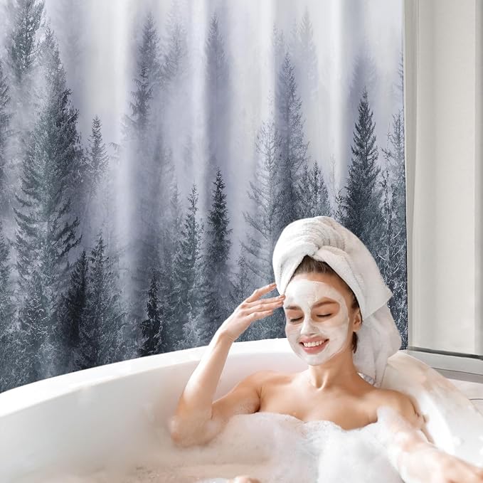 ORTIGIA Grey Shower Curtain for Bathroom, Misty Forest Shower Curtain Set - Image 9