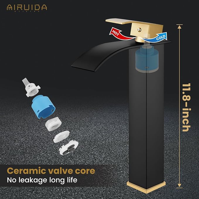Airuida Waterfall Bathroom Tall Vessel Faucet Matte Black&Brushed Gold Vanity - Image 7