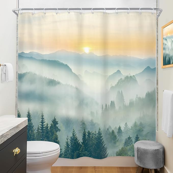 Riyidecor Extra Long Mountain Shower Curtain 72Wx84H Inch Green Yellow Sunrise - Image 4