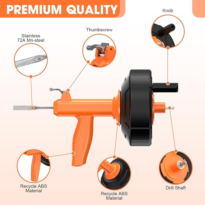 Drain Snake, Drain Auger with Drill Attachment, 25 Feet Plumbing Snake Auto - Image 4