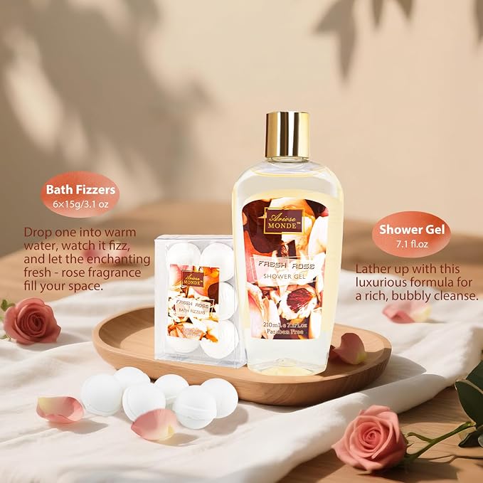 Fresh Rose Spa Gift Set for Women, 8-Piece Relaxing Bath Set - Image 6