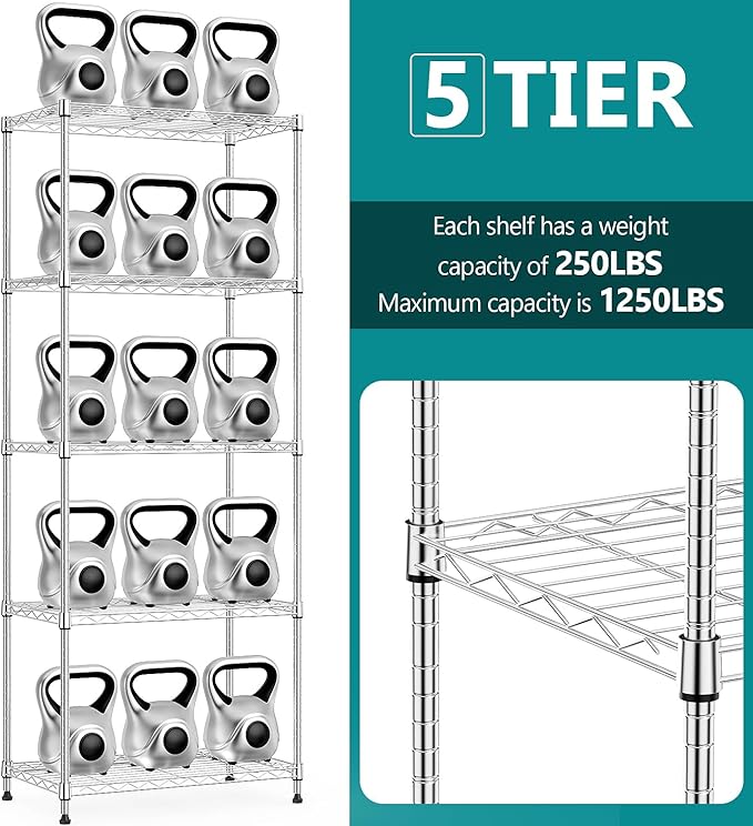 IZEUK 5-Tier Chrome Metal Storage Shelves, Adjustable Wire Shelving Unit - Image 3
