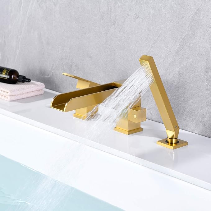 Waterfall Roman Tub Faucets Deck Mount Brushed Gold Bathtub Faucets Brass Tub - Image 4