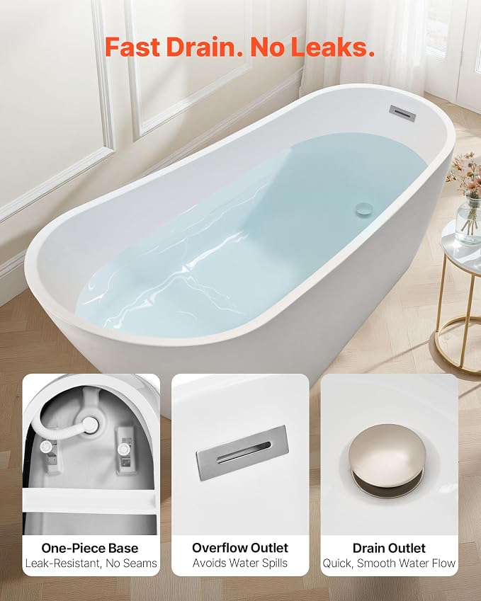 VEVOR Acrylic Freestanding Bathtub, 67 Inch Contemporary Soaking White Tub - Image 4