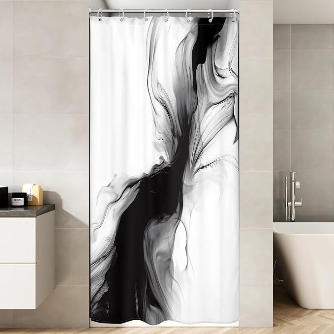 Cinbloo Small Stall Narrow RV Shower Curtain 36Wx72H Black and White Marble - Image 2