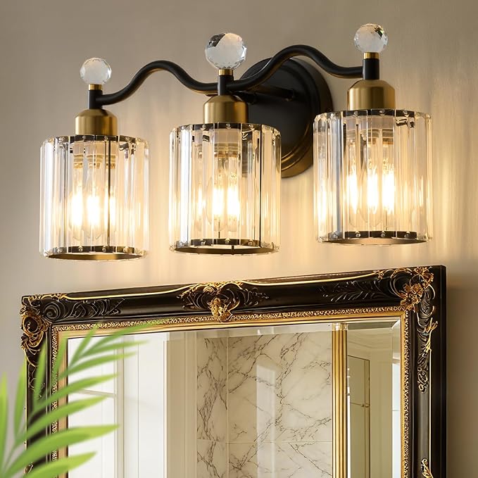 Modern Crystal Bathroom Vanity Light, Balck and Gold 3-Lights Bathroom Light by iYoee