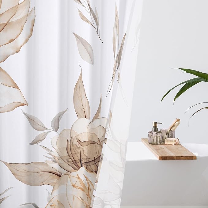 Long Boho Watercolor Floral Shower Curtain 72 x 78, Light Brown and Grey Ink - Image 3
