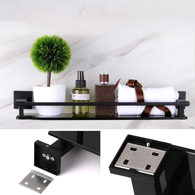 LANC Black Bathroom Shelves Glass Shelf 20-Inch Floating Tempered Glass Shelf - Image 5