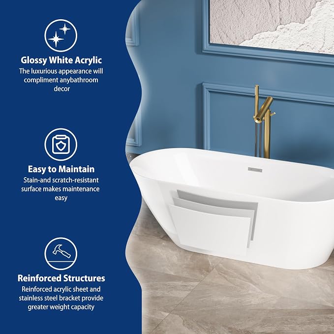 Sarlai 67 Inch Acrylic Freestanding Soaking Bathtub Contemporary Soaking White - Image 6