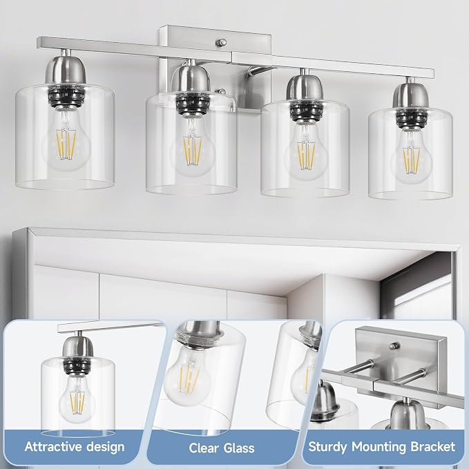 Modern Brushed Nickel 4 Light Bathroom Light Fixtures, 24 inch Vanity Lights - Image 3