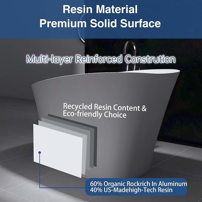 51" Freestanding Solid Surface Resin Stone Bathtub, Modern Design Stand Alone - Image 5