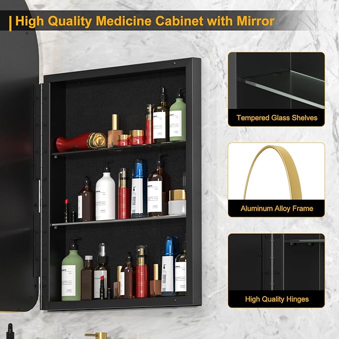Arched Medicine Cabinet with Mirror, Recessed Medicine Cabinet, Metal Framed - Image 3