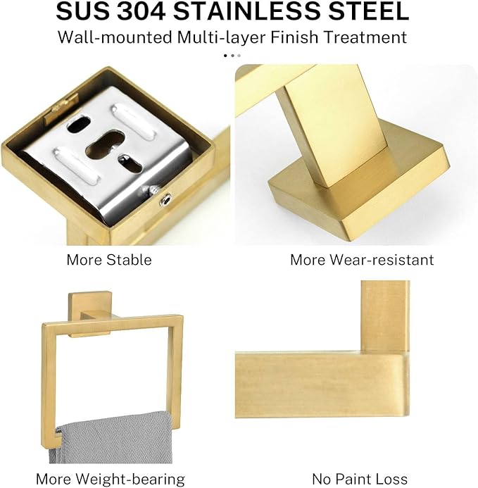 2-Piece Brushed Gold Towel Ring, Square Hand Towel Holder, Stainless Steel - Image 2