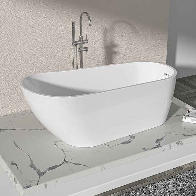 Logmey 67 Inch White Acrylic Freestanding Bathtub Oval Shape Soaking Tub by Logmey