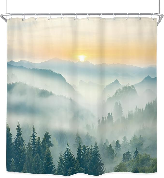 Riyidecor Extra Long Mountain Shower Curtain 72Wx78H Inch Green Yellow Sunset - Image 8