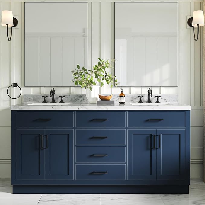 ARIEL Double Vanity 73" Midnight Blue, 1.5" Edge Italian Carrara Marble by Ariel
