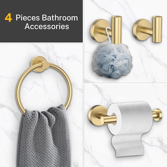 4-Piece Brushed Gold Bathroom Hardware Set, Toilet Paper Holder & 2 Robe - Image 5